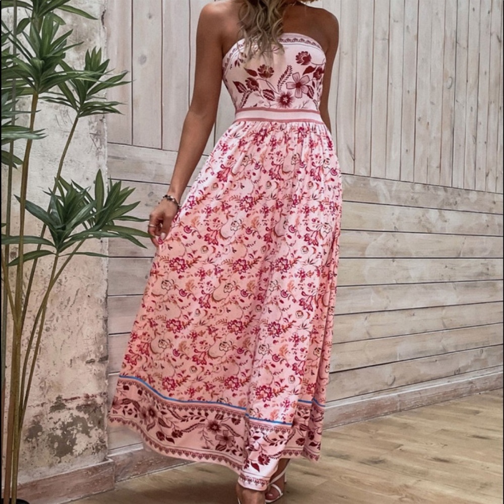Boho Pink Floral Print Tube Maxi Dress - Picture 3 of 11